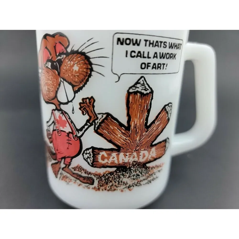 Vintage Federal Glass Mug White Milk Glass CANADA Beaver Maple D Handle
